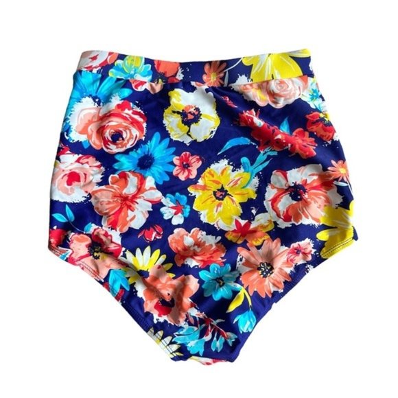 High Waisted Navy Blue Floral Flower Print Retro Bottoms Medium - Picture 1 of 7